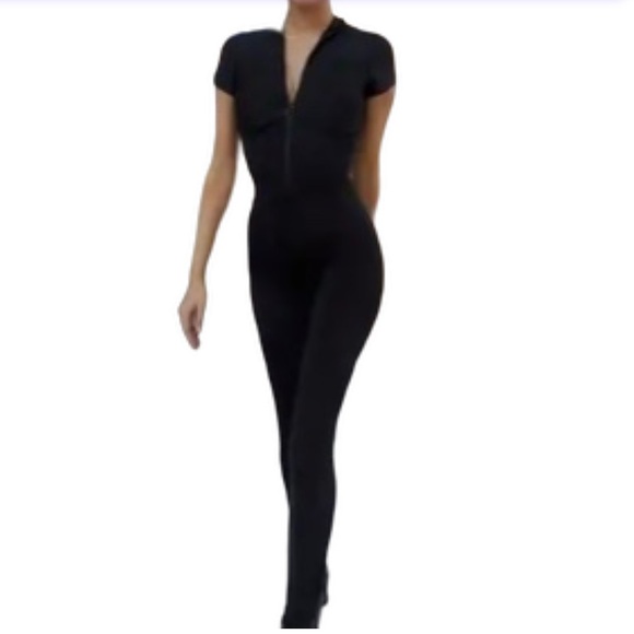 A Classy Chic Boutique Pants - NEW Zip-Up Jumpsuit Black Neoprene-Like Short Sleeve Sexy Bodysuit Halloween Cat